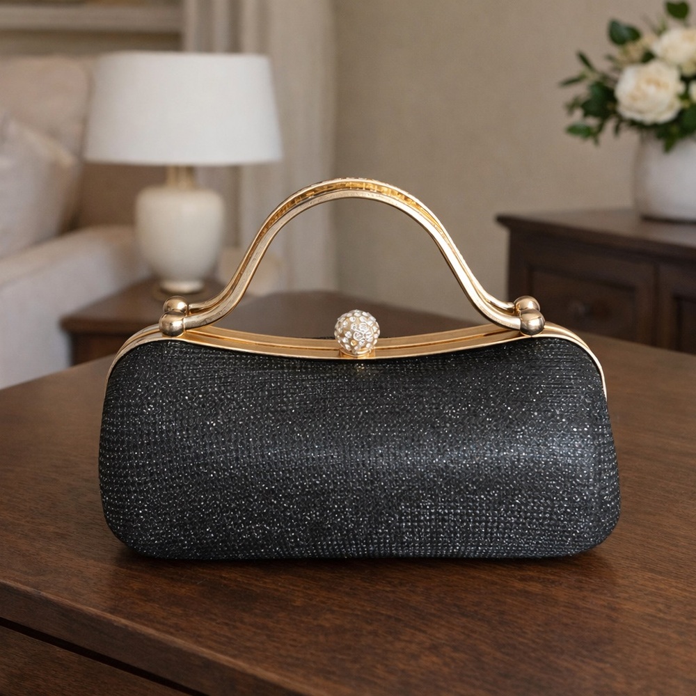 Black Evening Clutch with Gold Frame and Crystal Accent - Picture 3 of 3